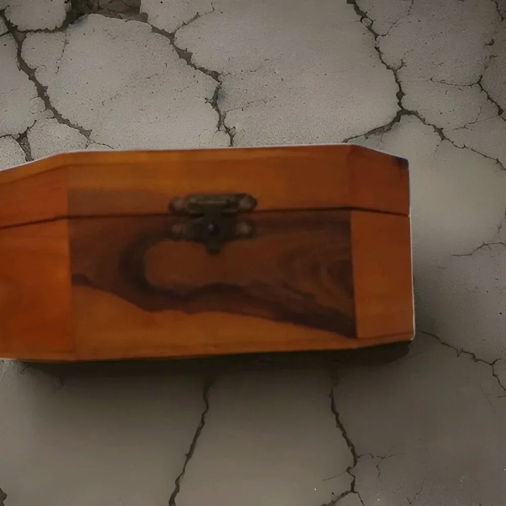 Wooden Octagonal Jerusalem Box with Camel Scene, Red Lined Interior, Mirror